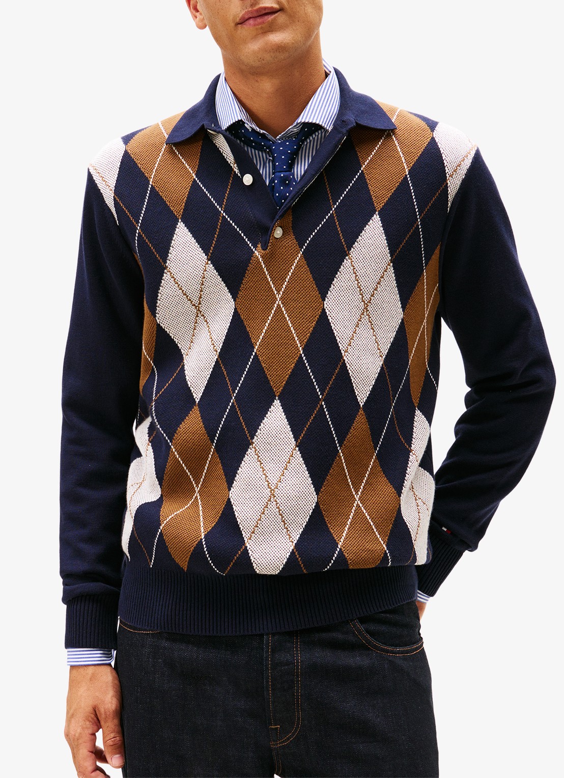 Tommy Hilfiger Fijngebreide trui met ruitdessin en polokraag - detail 3 donkerblauw