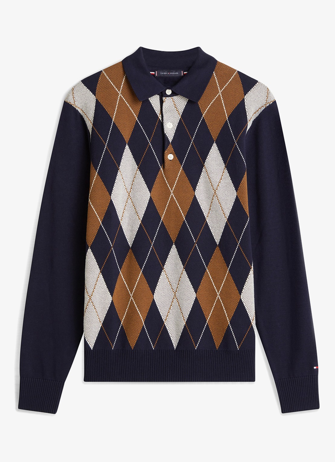 Tommy Hilfiger Fijngebreide trui met ruitdessin en polokraag - voorkant donkerblauw