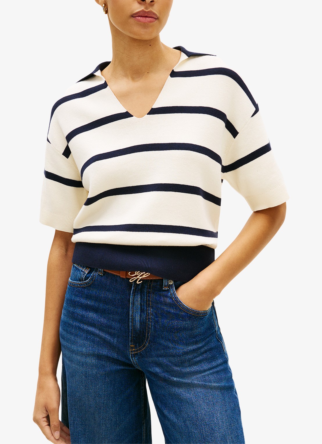 Tommy Hilfiger Fijngebreide trui met streepprint en polokraag - detail 4 beige