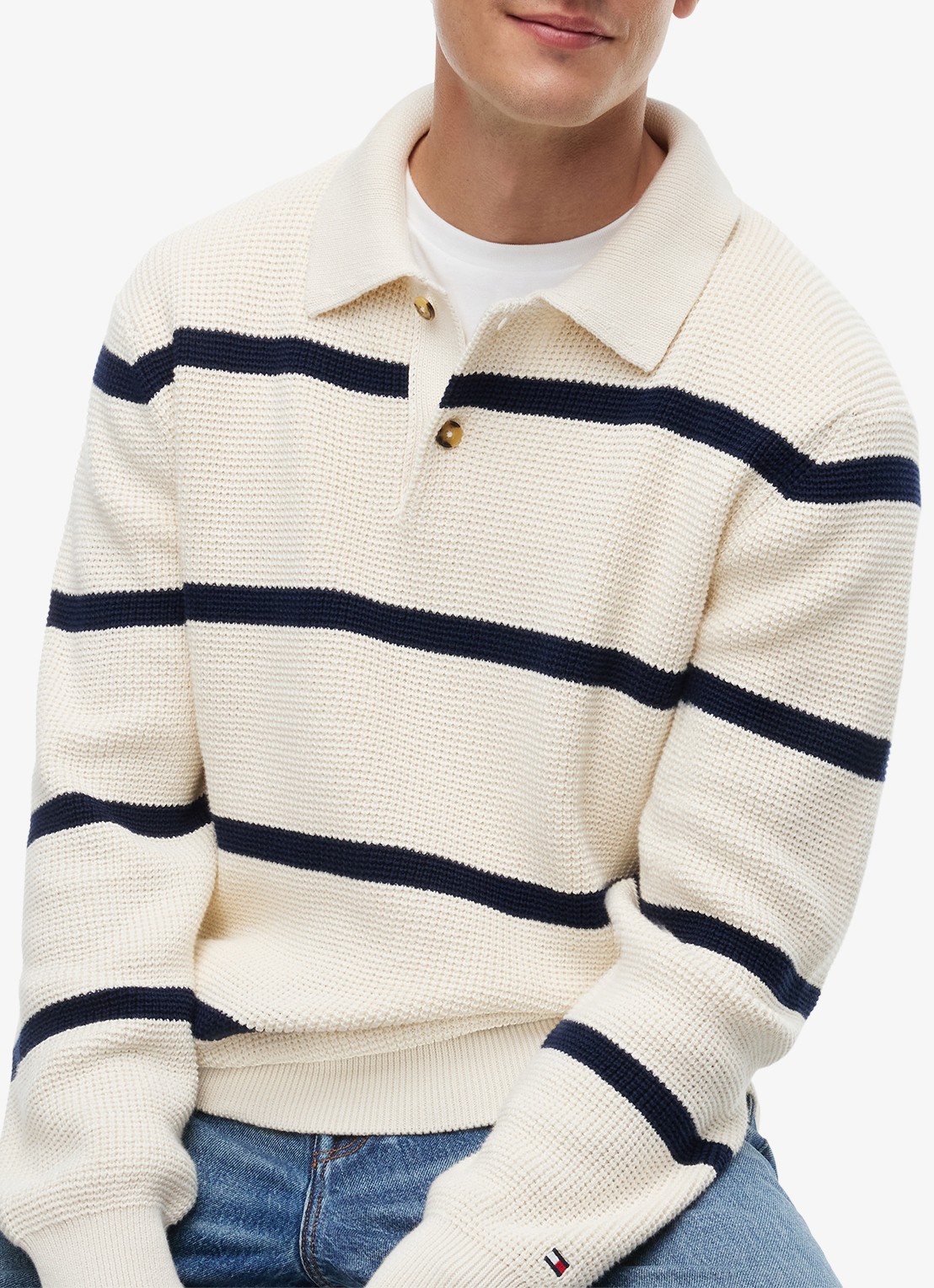 Tommy Hilfiger Fijngebreide trui met streepprint - detail 2 donkerblauw