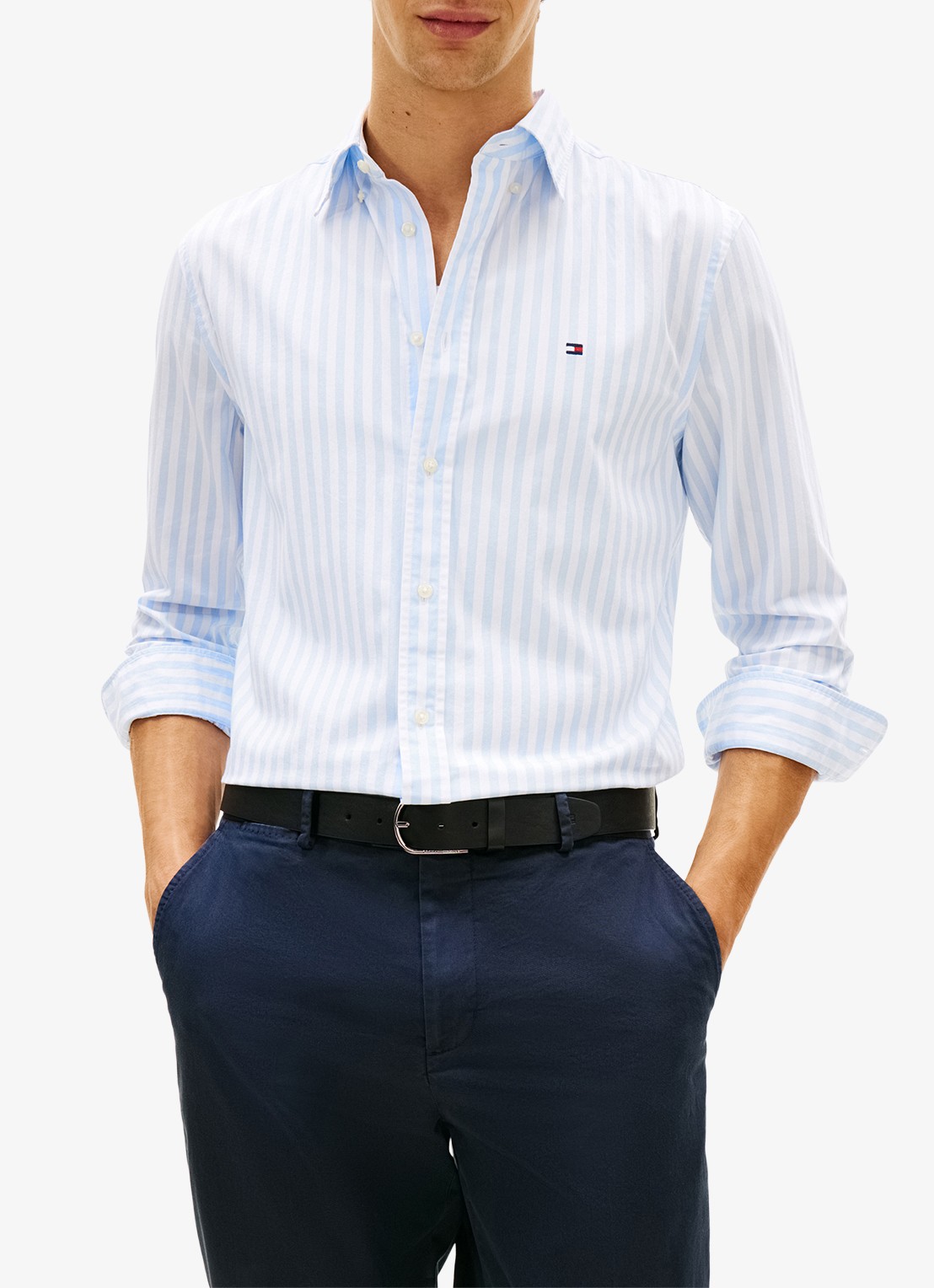 Tommy Hilfiger Flex Poplin overhemd met streepprint  - detail lichtblauw