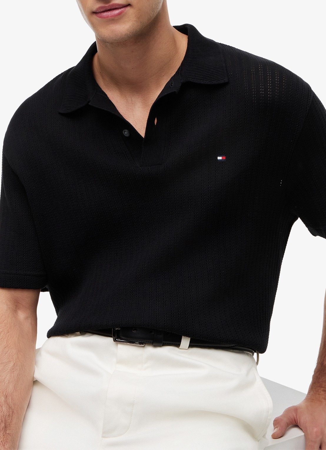 Tommy Hilfiger Gebreide polo met logoborduring - detail 3 zwart