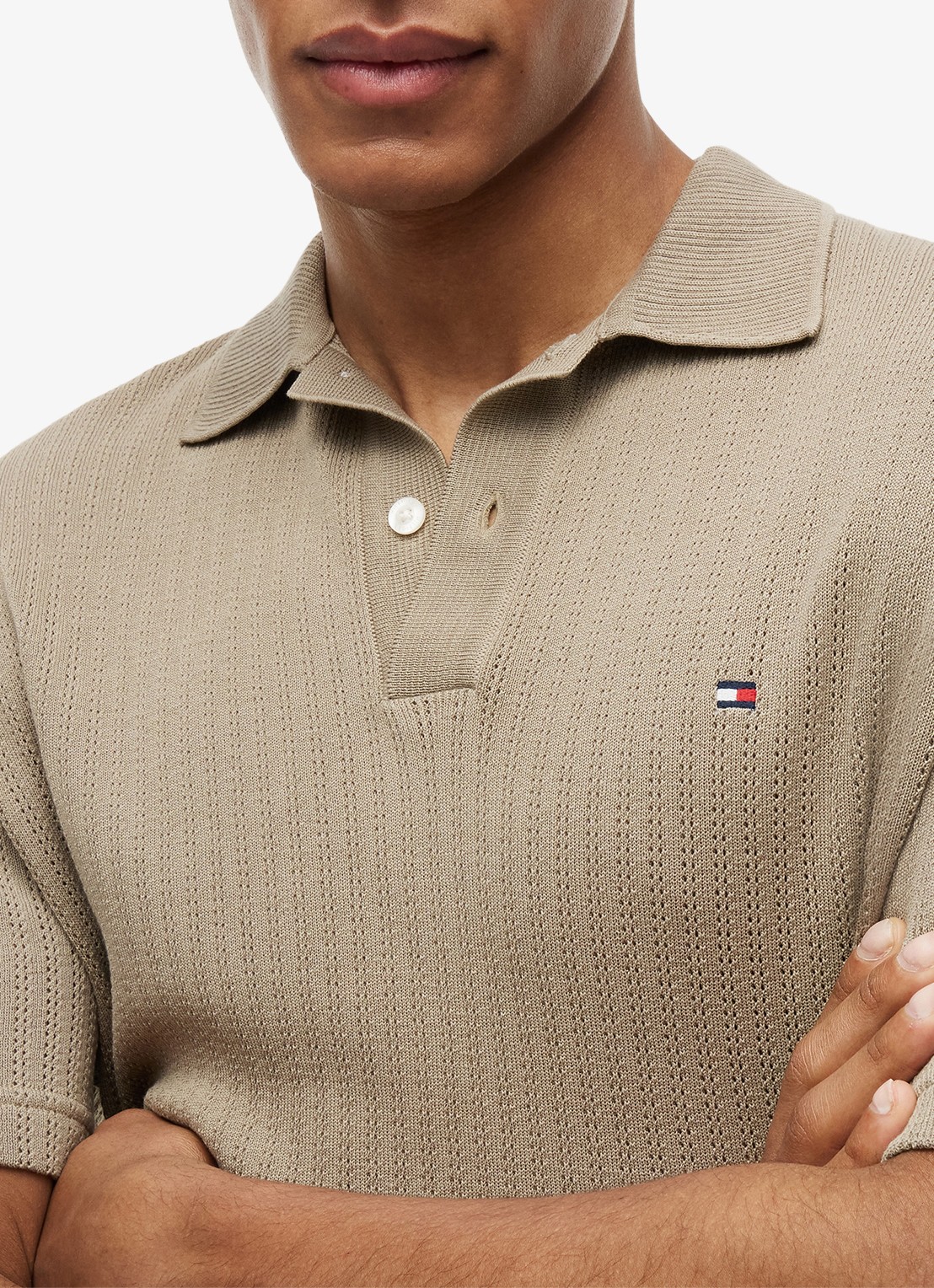 Tommy Hilfiger Gebreide polo met logoborduring - detail 4 beige