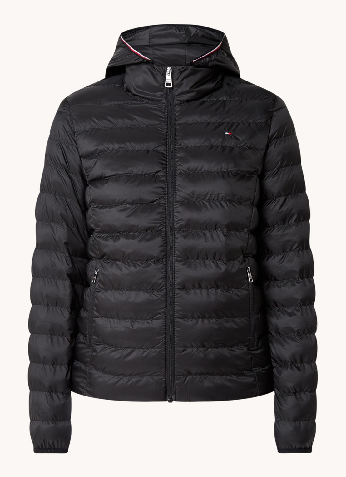 Tommy Hilfiger Gewatteerd jack met logo en ritszakken - voorkant 3 zwart