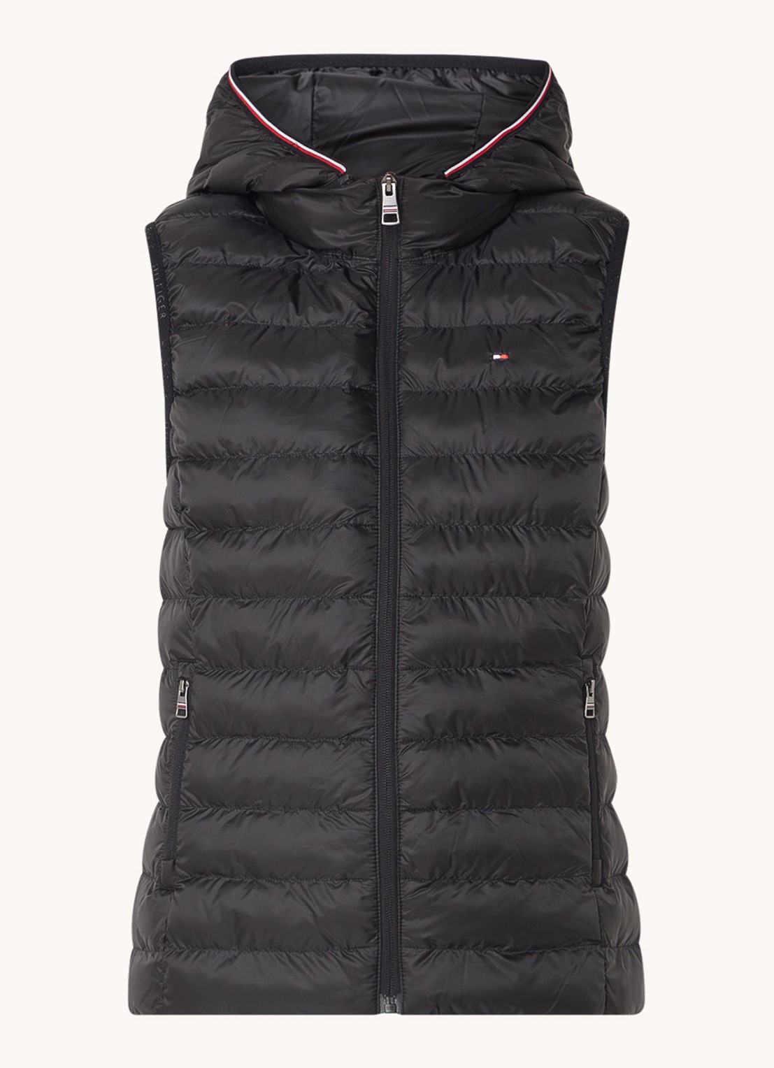 Tommy Hilfiger Gewatteerde bodywarmer met ritszakken en capuchon - voorkant 2 zwart