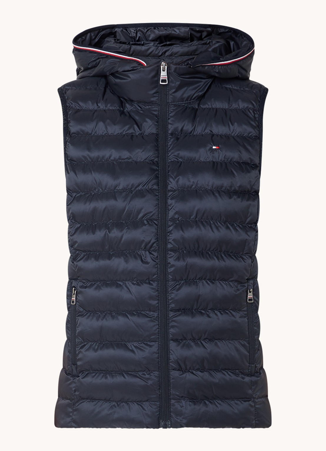 Tommy Hilfiger Gewatteerde bodywarmer met ritszakken en capuchon - voorkant donkerblauw