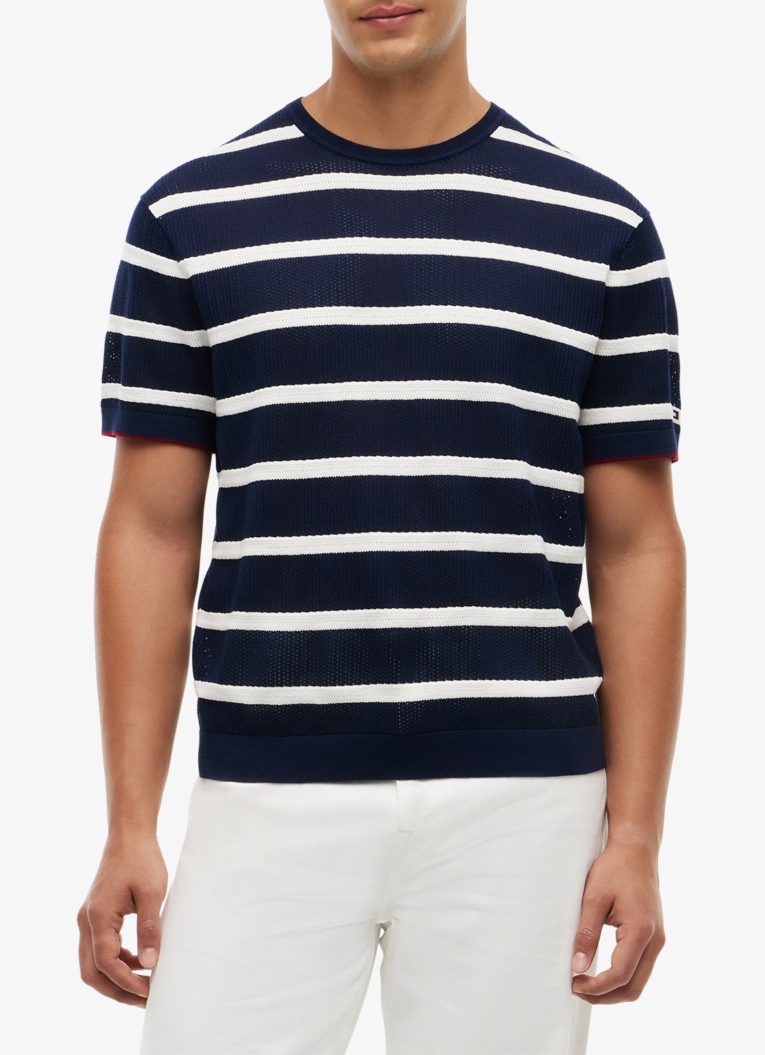 Tommy Hilfiger Grofgebreid t-shirt met streepprint - detail 2 donkerblauw