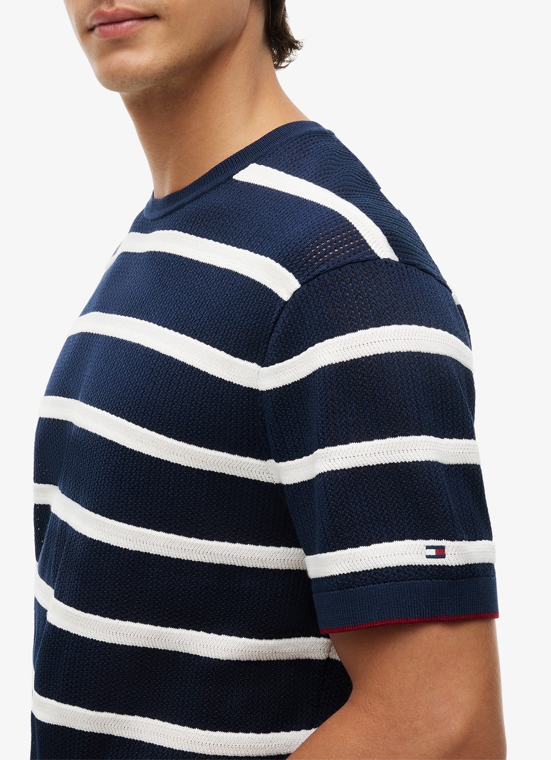 Tommy Hilfiger Grofgebreid t-shirt met streepprint - detail 3 donkerblauw