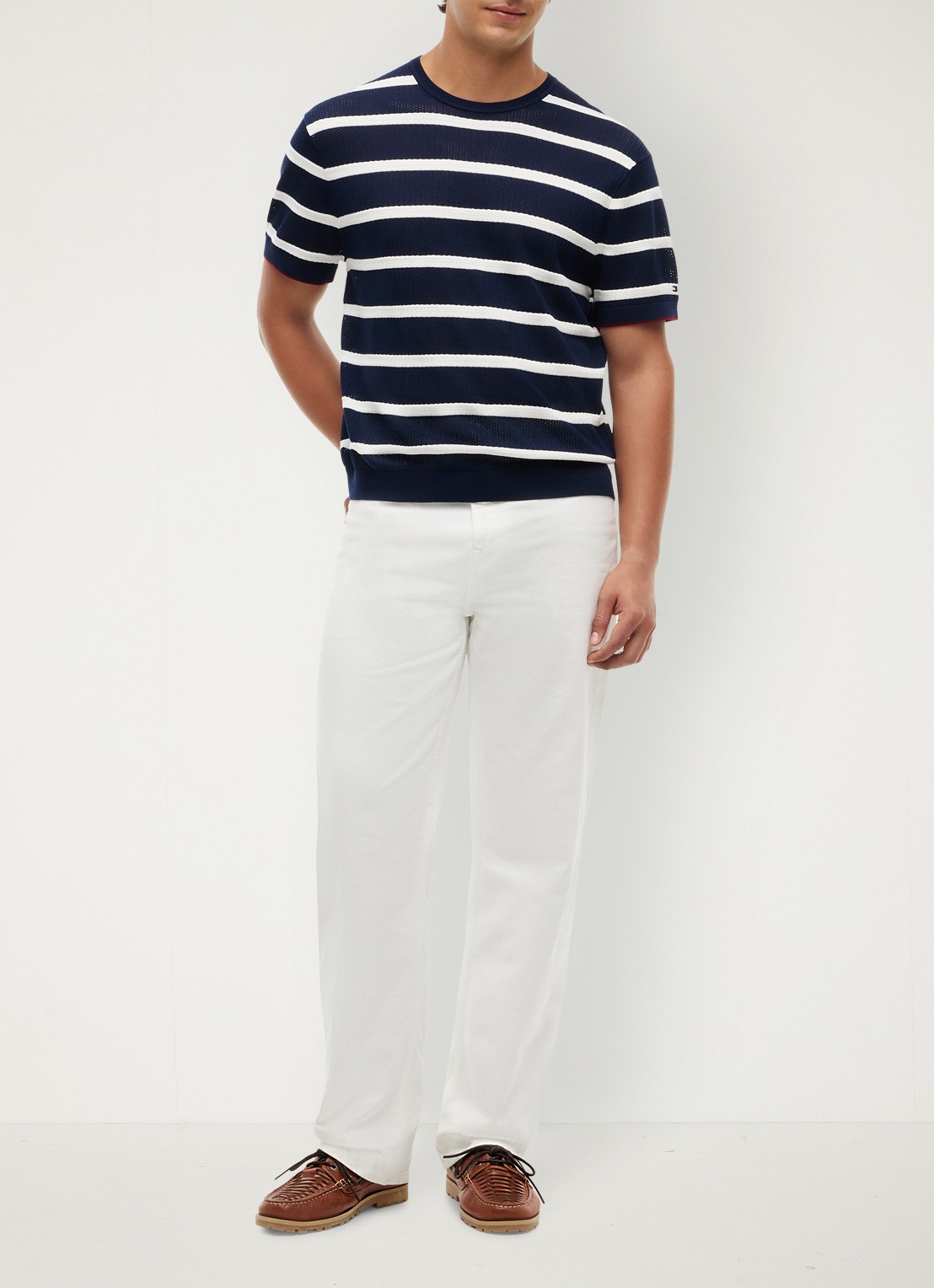 Tommy Hilfiger Grofgebreid t-shirt met streepprint - voorkant 8 donkerblauw