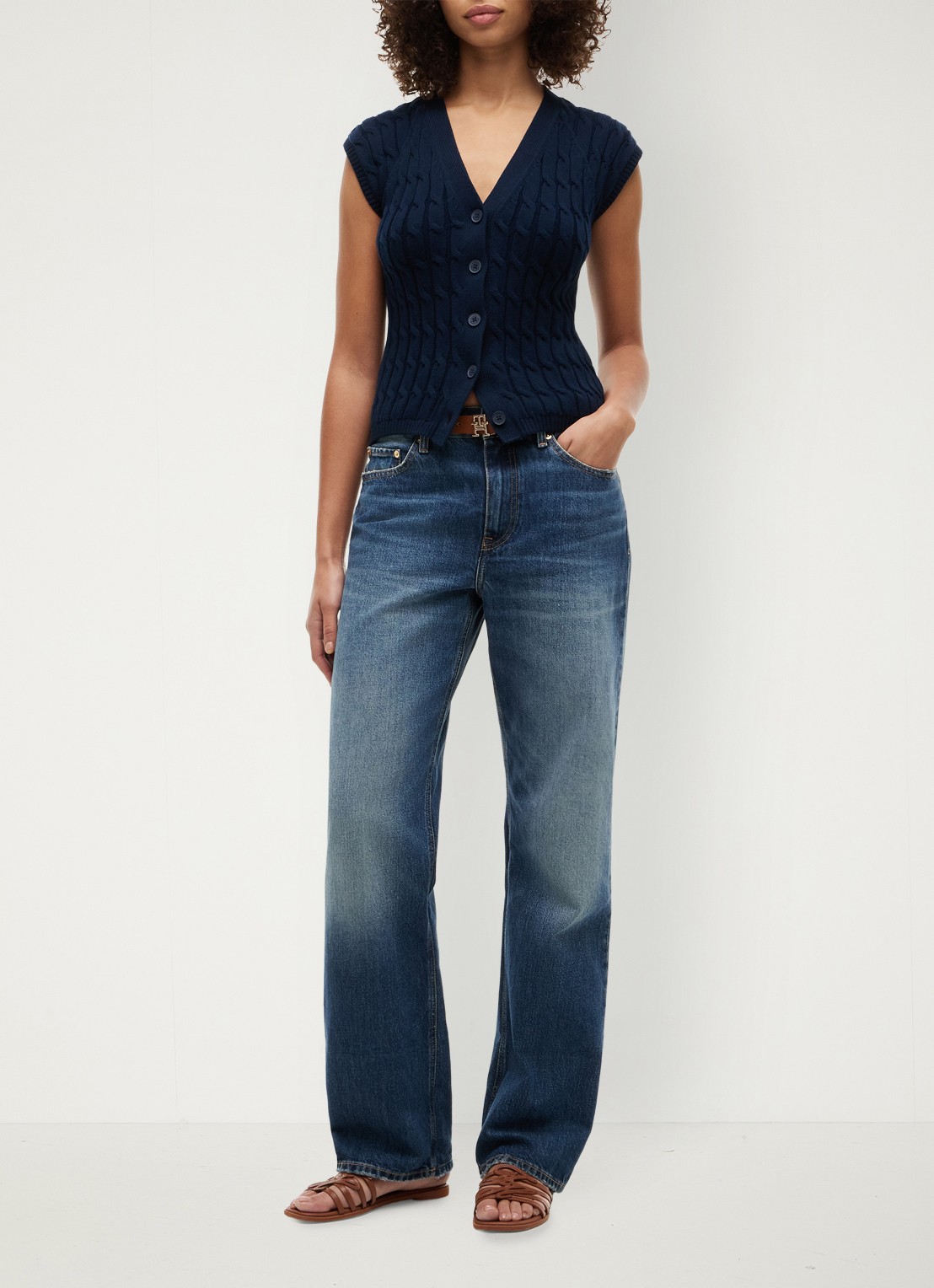 Tommy Hilfiger Grofgebreid vest met logoborduring - voorkant 3 donkerblauw