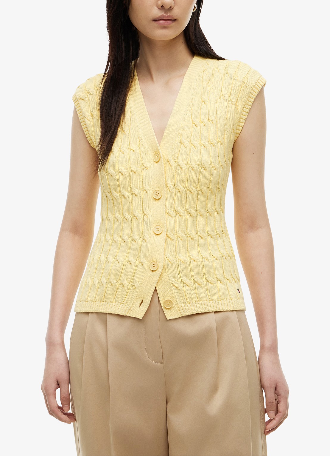 Tommy Hilfiger Grofgebreid vest met logoborduring - detail lichtgeel