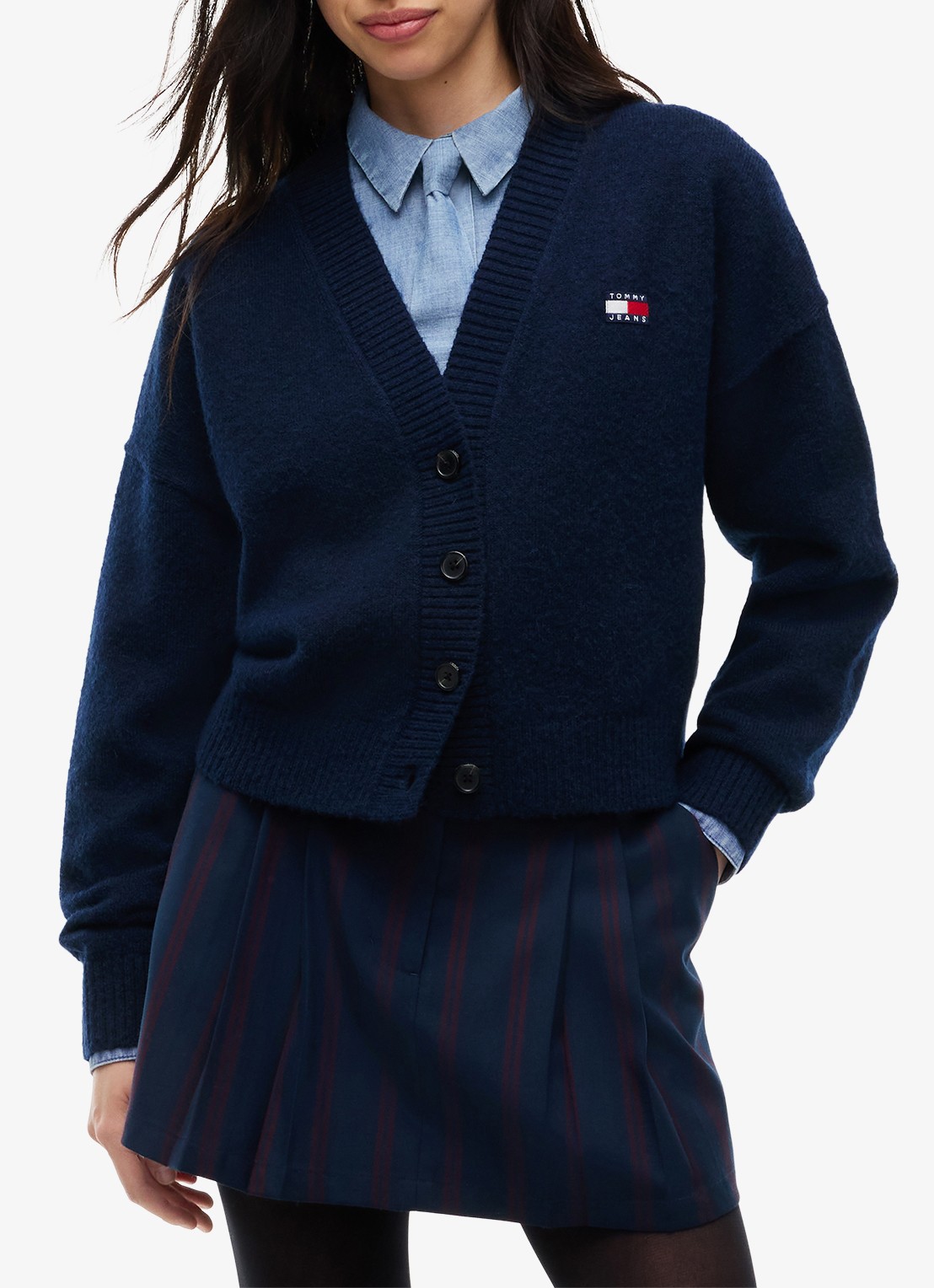 Tommy Hilfiger Grofgebreid vest met logoborduring - detail donkerblauw