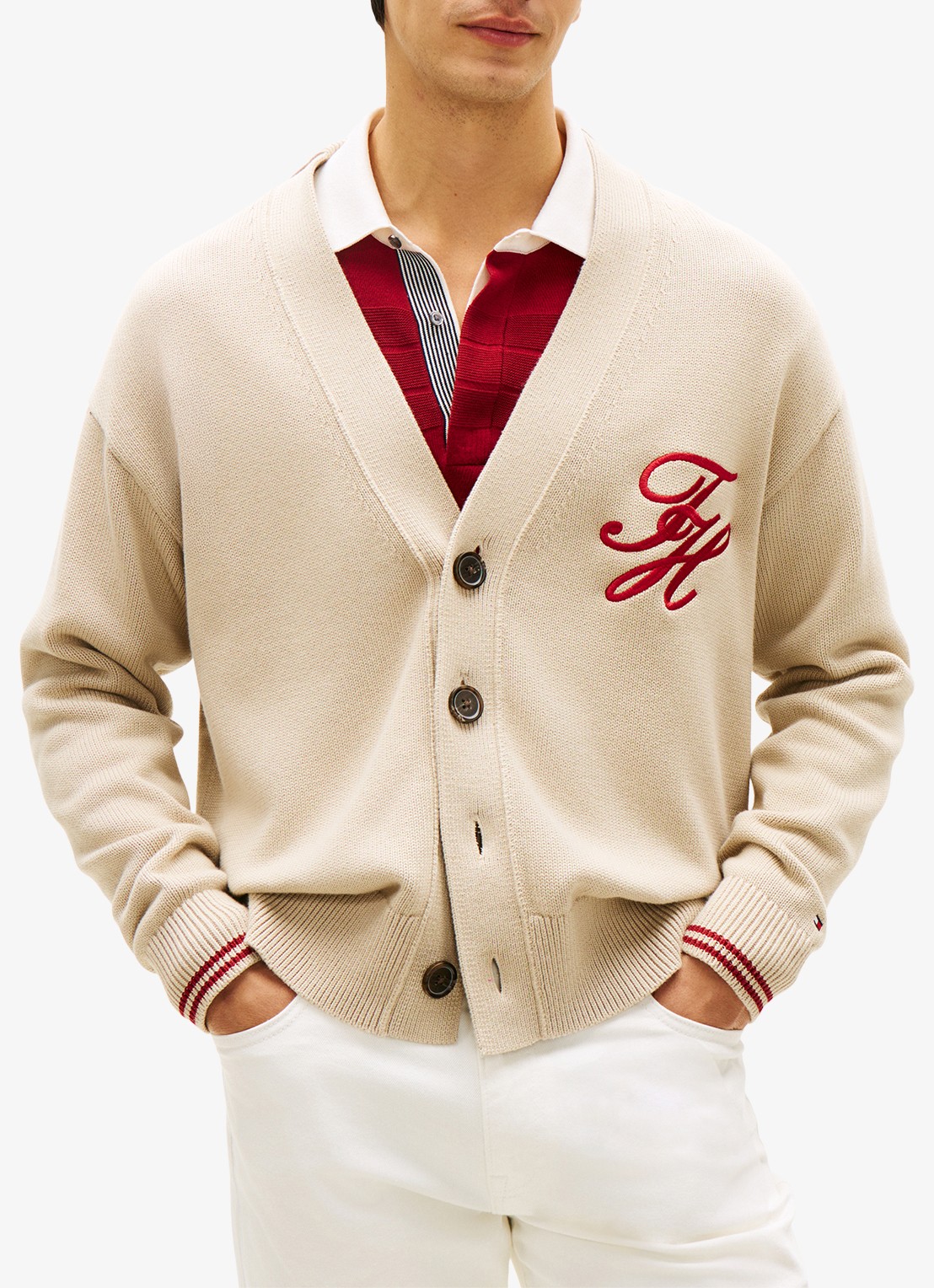 Tommy Hilfiger Grofgebreid vest met logoborduring - detail beige