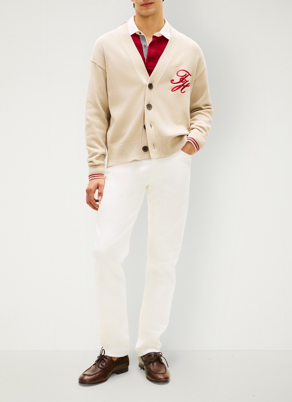 Tommy Hilfiger Grofgebreid vest met logoborduring - voorkant 5 beige