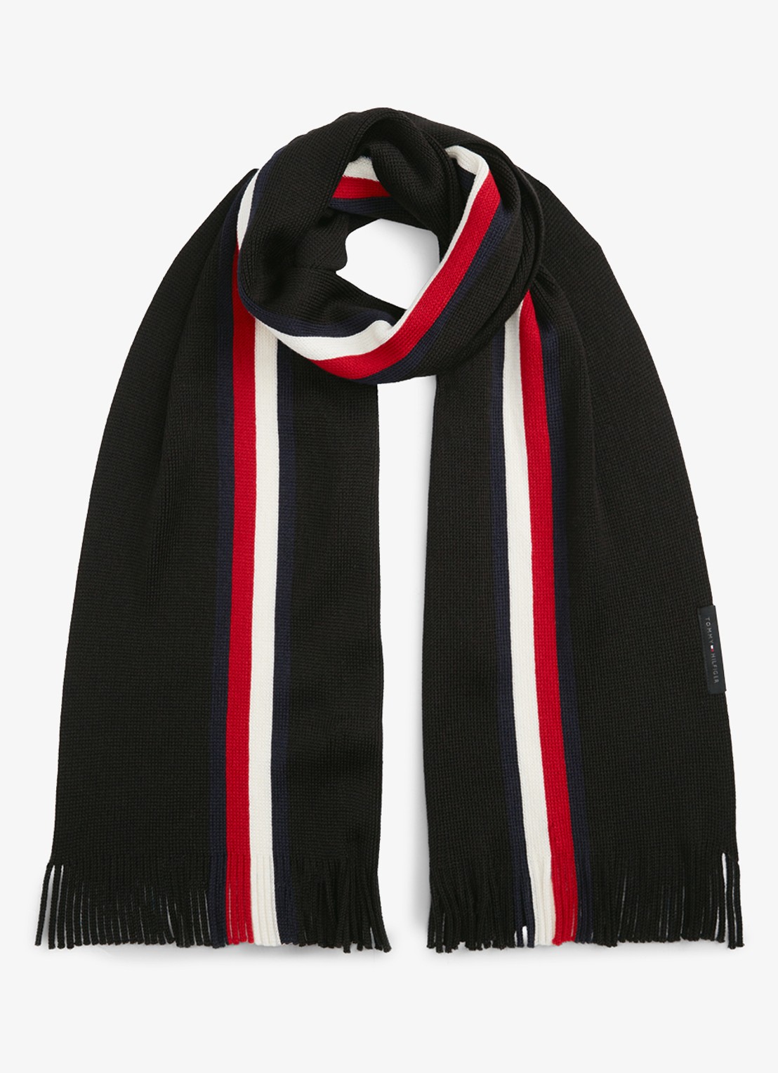 Tommy Hilfiger Grofgebreide sjaal in wolblend met streepprint - voorkant 3 diepzwart