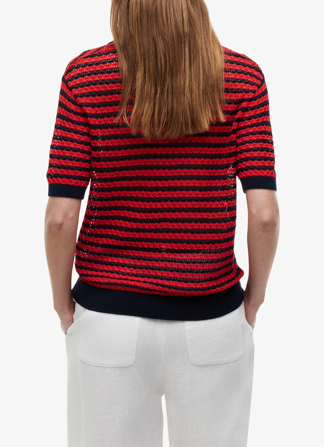 Tommy Hilfiger Grofgebreide trui met streepprint - achterkant 3 rood