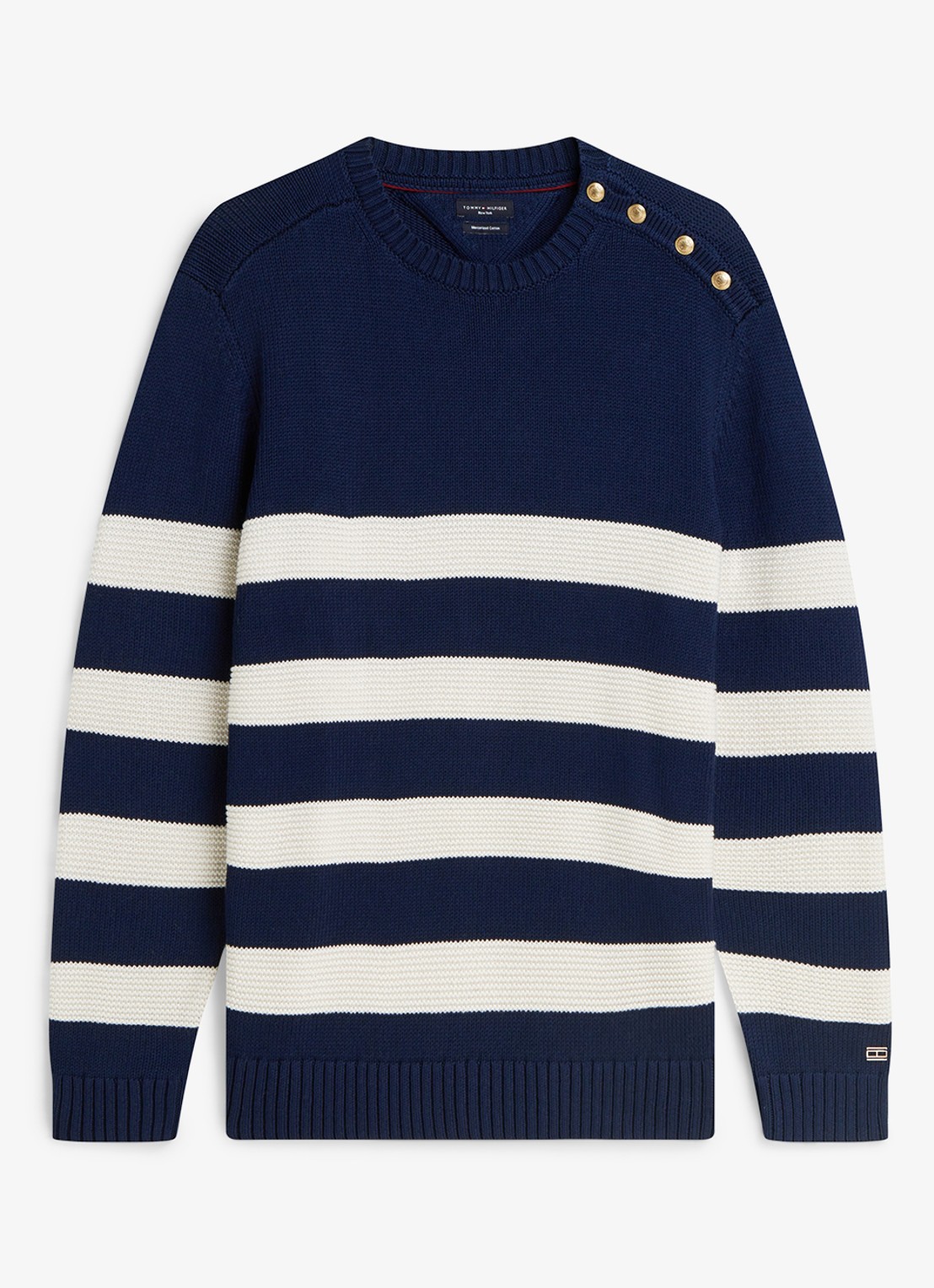 Tommy Hilfiger Grofgebreide trui met streepprint - voorkant 2 donkerblauw