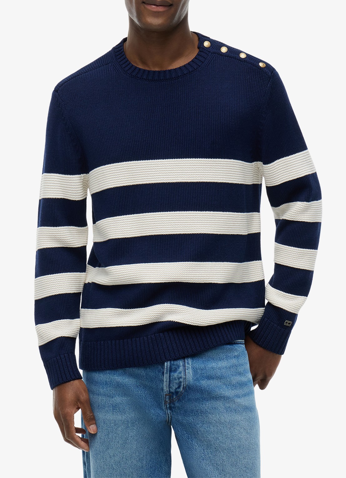 Tommy Hilfiger Grofgebreide trui met streepprint - detail 4 donkerblauw