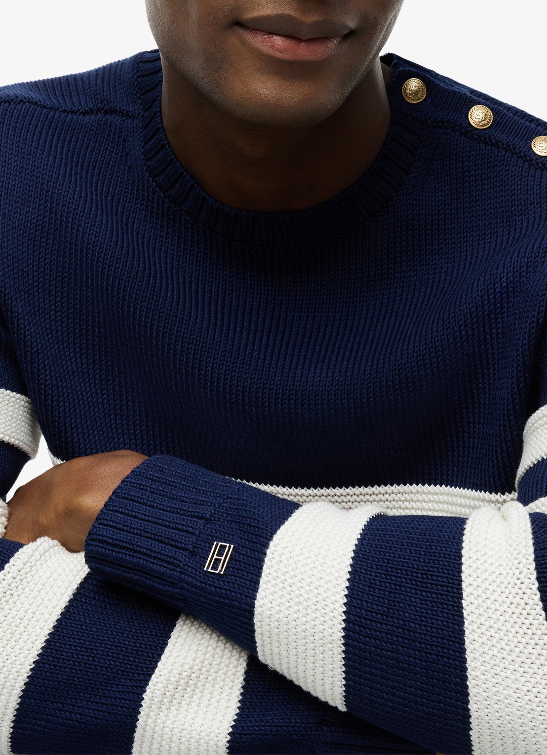 Tommy Hilfiger Grofgebreide trui met streepprint - detail 5 donkerblauw