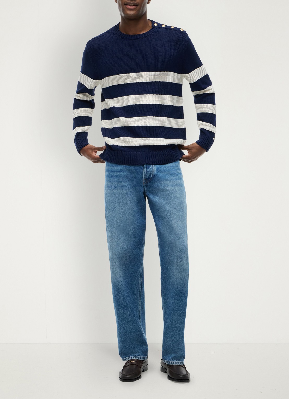 Tommy Hilfiger Grofgebreide trui met streepprint - detail 6 donkerblauw
