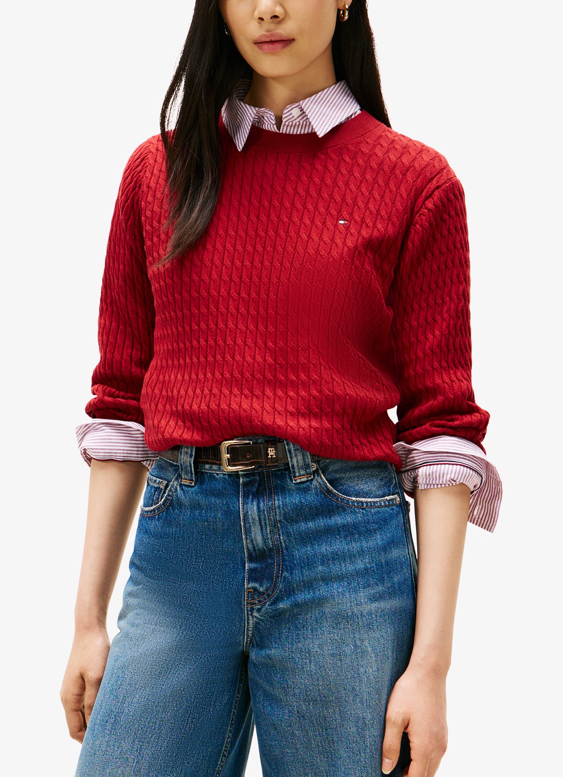 Tommy Hilfiger Grofgebreide trui van  katoen - detail 4 cranberryrood