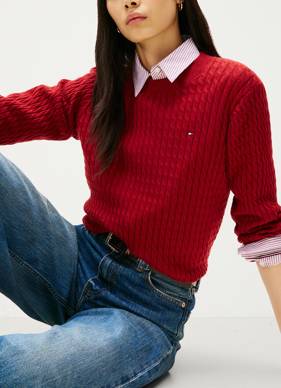 Tommy Hilfiger Grofgebreide trui van  katoen - detail 5 cranberryrood