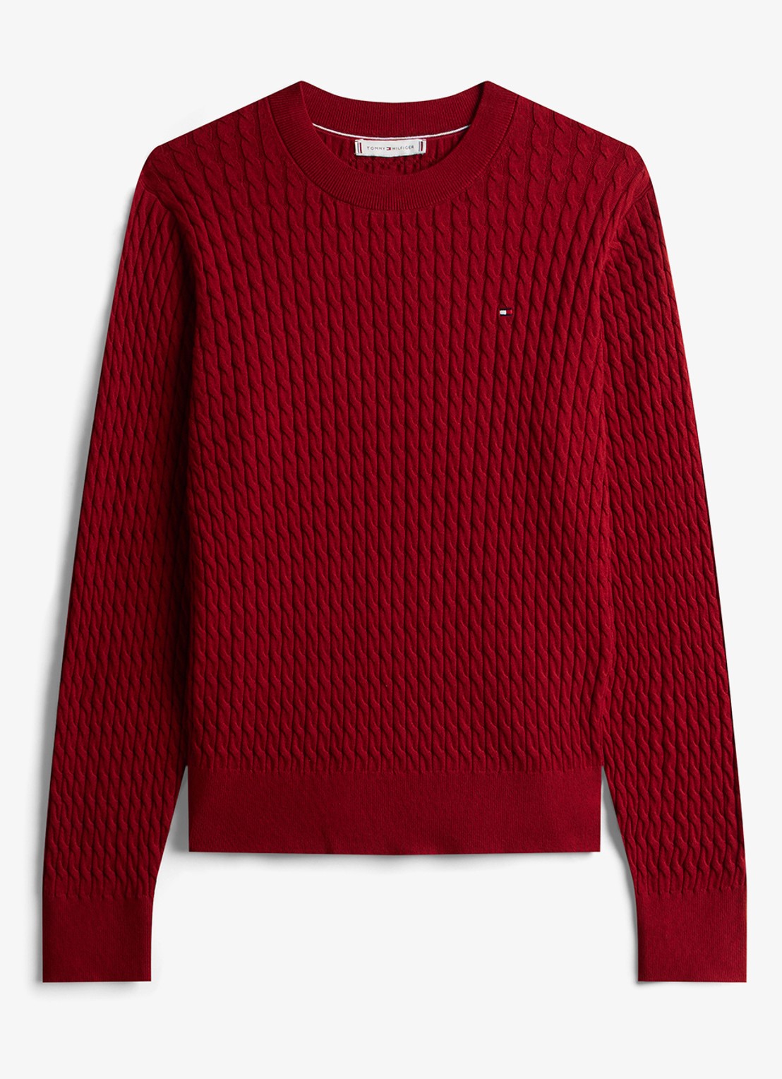 Tommy Hilfiger Grofgebreide trui van  katoen - voorkant cranberryrood