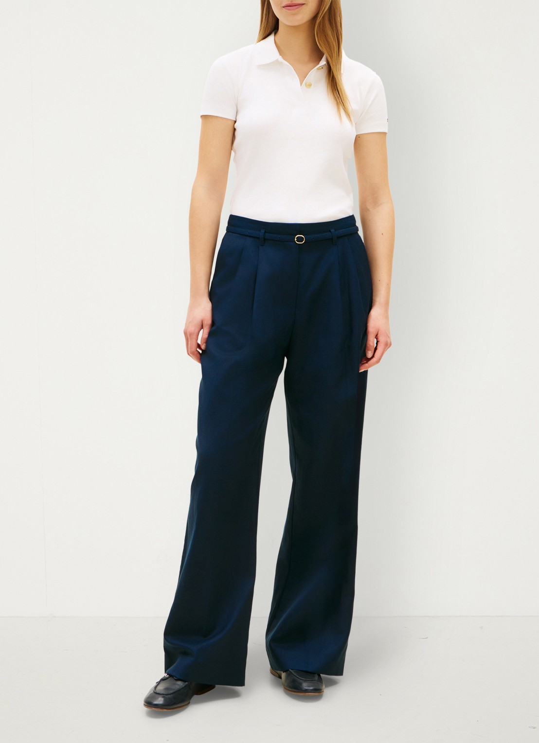 Tommy Hilfiger High waist wide fit pantalon met ceintuur - voorkant 5 donkerblauw