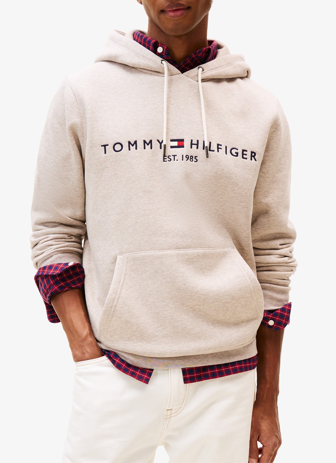 Tommy Hilfiger Hoodie met kangoeroezak en logoborduring - detail 2 heathered pebble / grijs