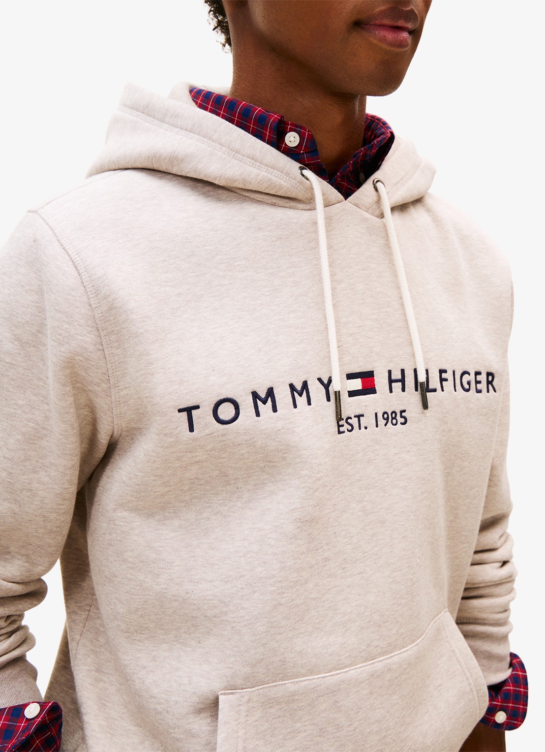 Tommy Hilfiger Hoodie met kangoeroezak en logoborduring - detail 3 heathered pebble / grijs