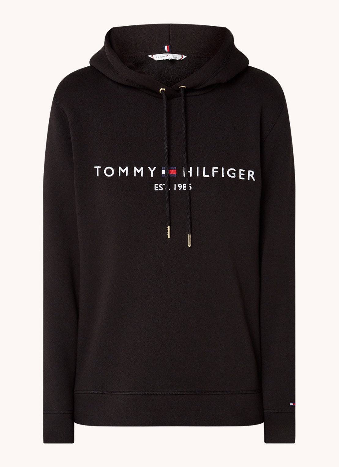 Tommy Hilfiger Hoodie van fleece met logoborduring - voorkant zwart