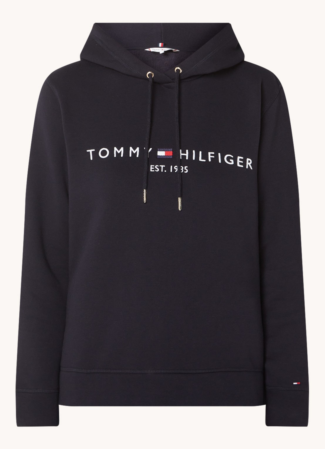 Tommy Hilfiger Hoodie van fleece met logoborduring - voorkant donkerblauw
