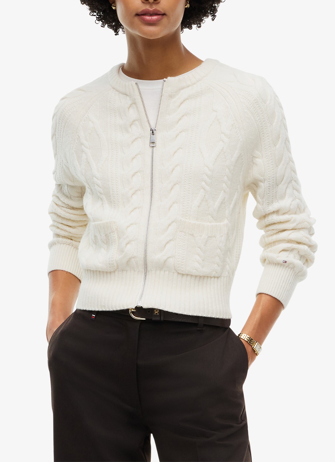 Tommy Hilfiger Kabelgebreid vest in wolblend  - detail wit