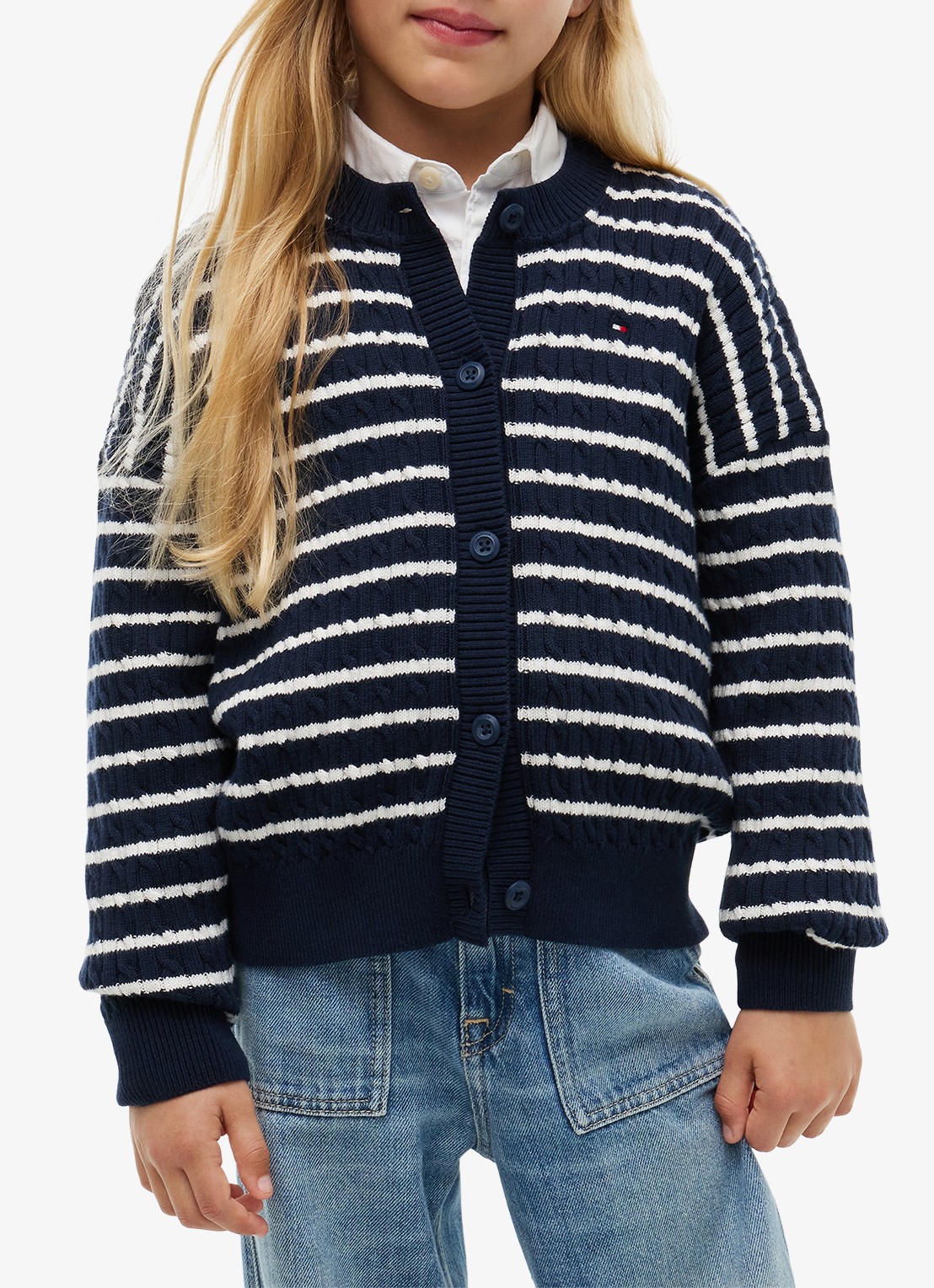 Tommy Hilfiger Kabelgebreid vest met streepprint - detail 2 donkerblauw