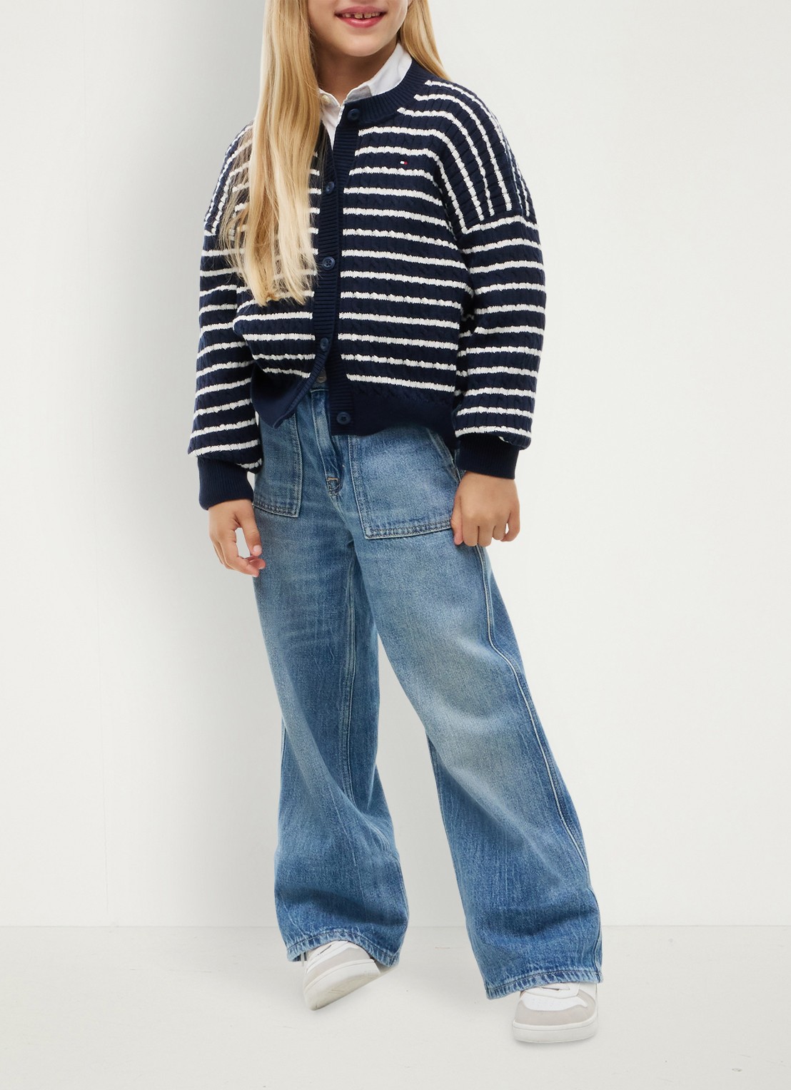 Tommy Hilfiger Kabelgebreid vest met streepprint - voorkant 5 donkerblauw