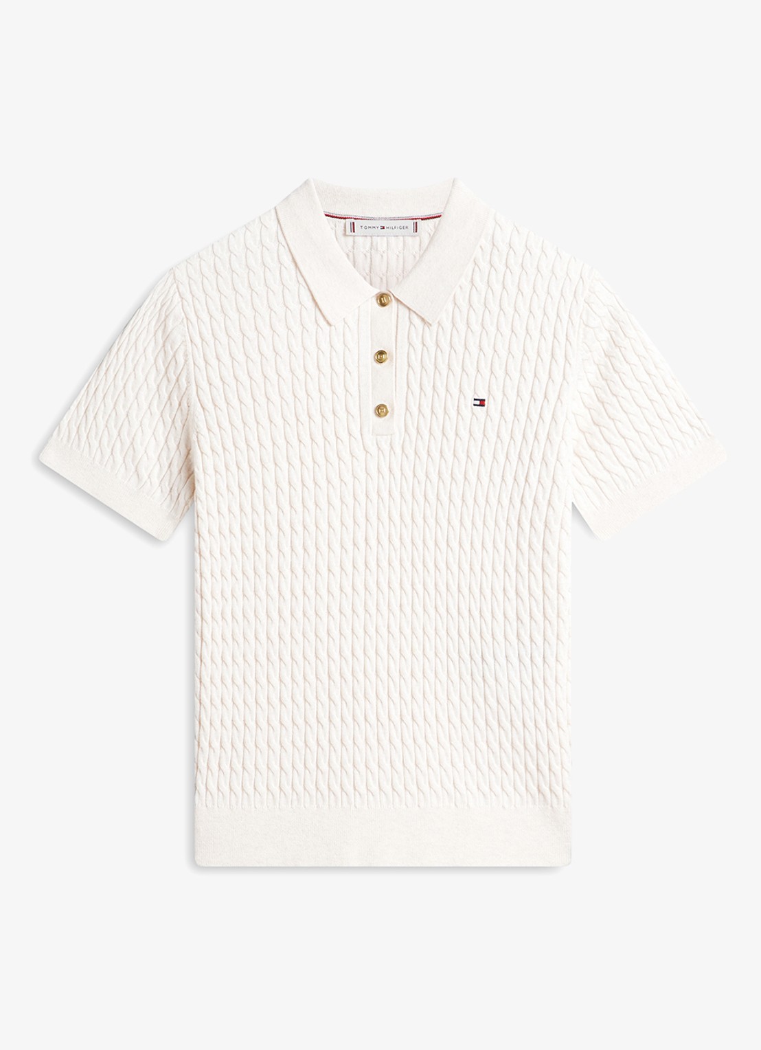 Tommy Hilfiger Kabelgebreide polo met logoborduring - voorkant beige