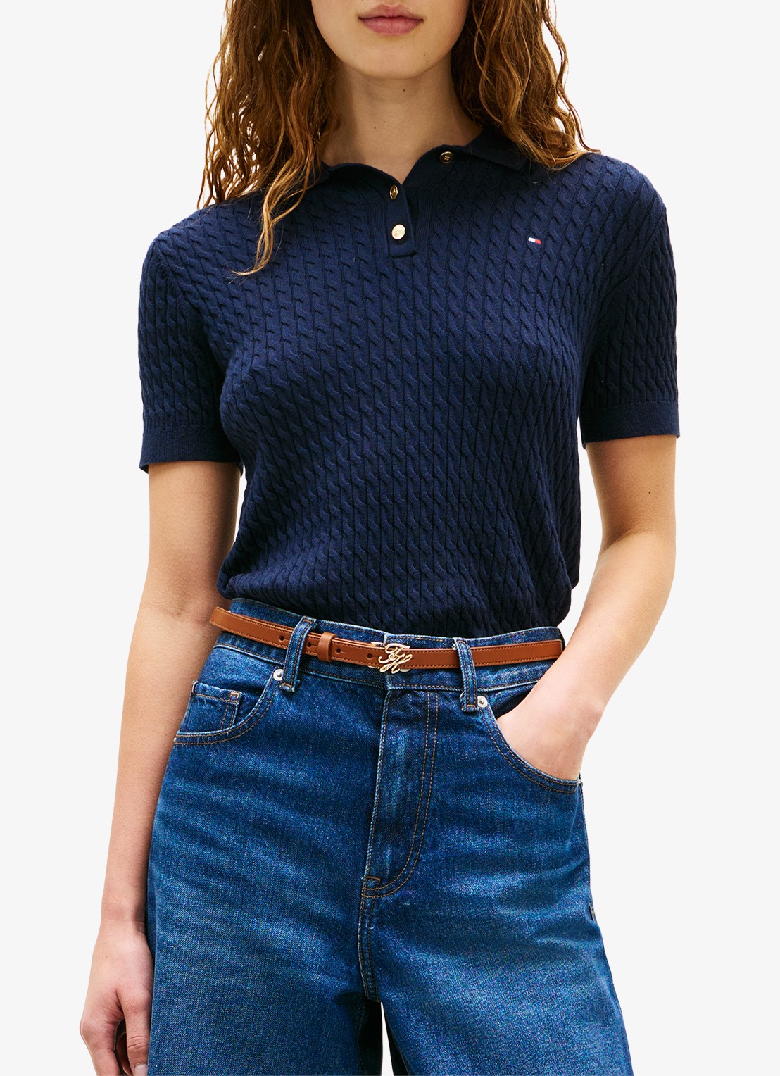 Tommy Hilfiger Kabelgebreide polo met logoborduring - detail 3 donkerblauw