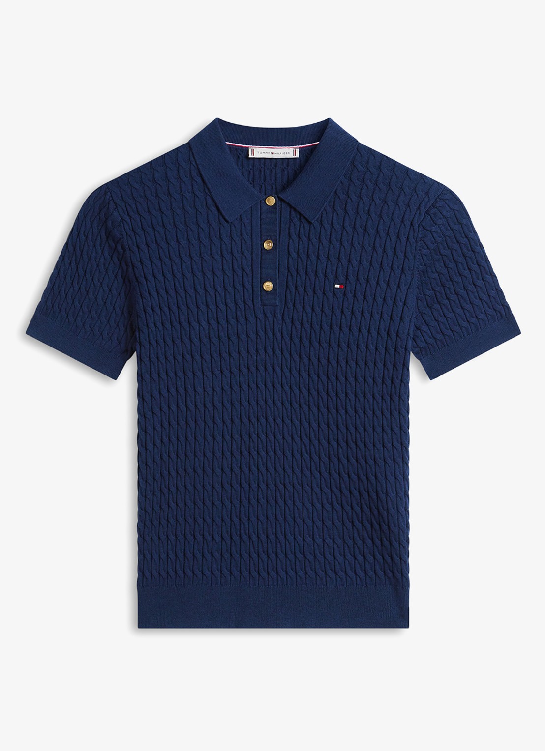Tommy Hilfiger Kabelgebreide polo met logoborduring - voorkant donkerblauw