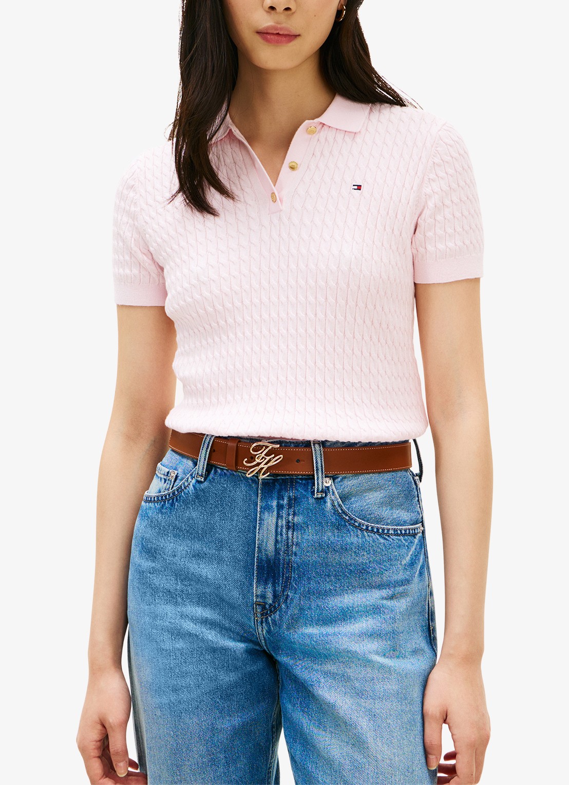 Tommy Hilfiger Kabelgebreide polo met logoborduring - detail 4 lichtroze