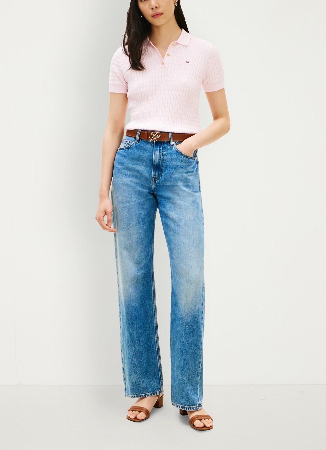 Tommy Hilfiger Kabelgebreide polo met logoborduring - voorkant 3 lichtroze