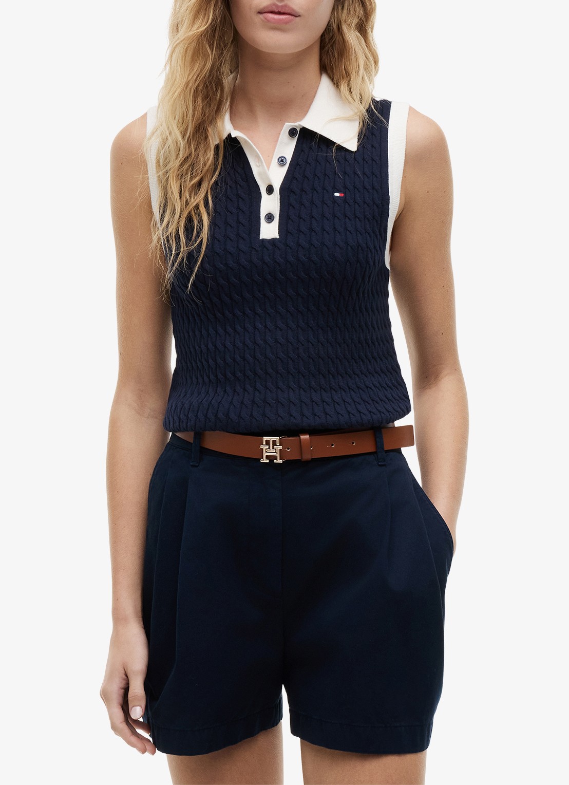 Tommy Hilfiger Kabelgebreide spencer met logo - detail 4 donkerblauw