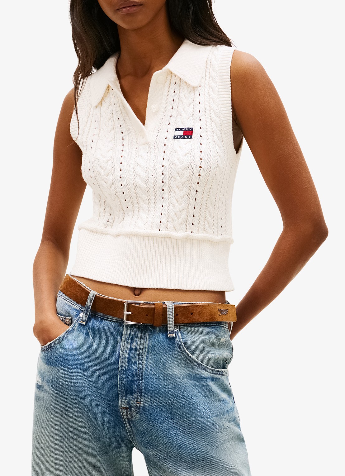 Tommy Hilfiger Kabelgebreide spencer met logo  - detail 2 beige