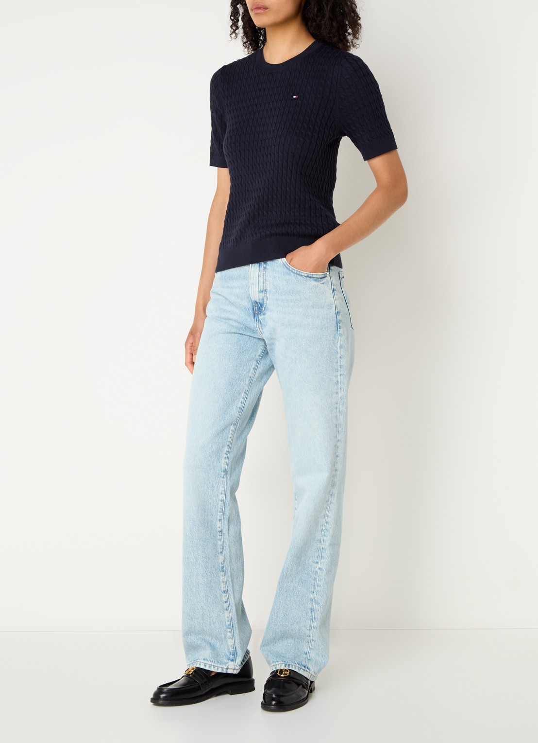 Tommy Hilfiger Kabelgebreide top met logoborduring - voorkant 5 donkerblauw