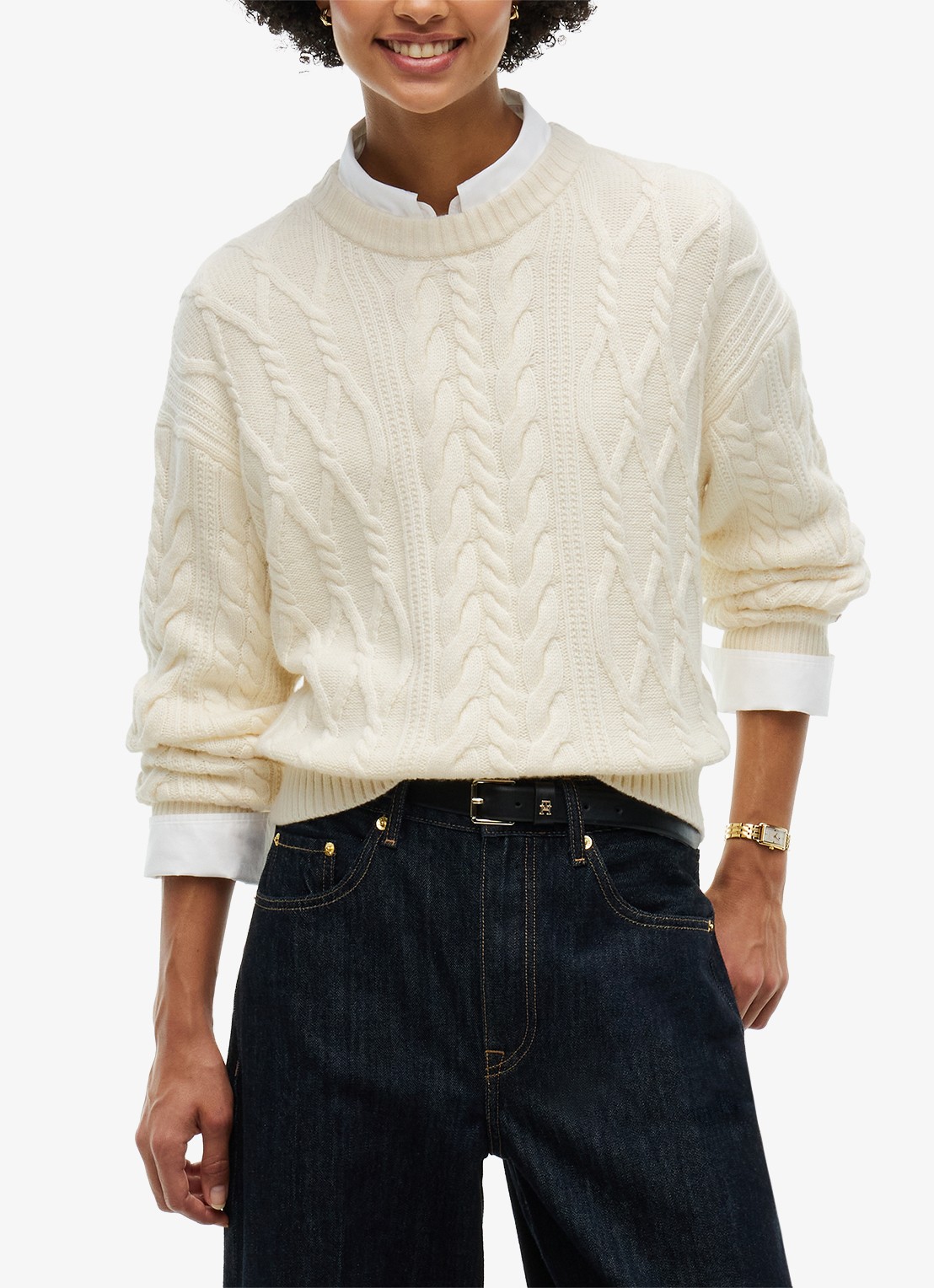 Tommy Hilfiger Kabelgebreide trui in zijdeblend  - detail ivoor