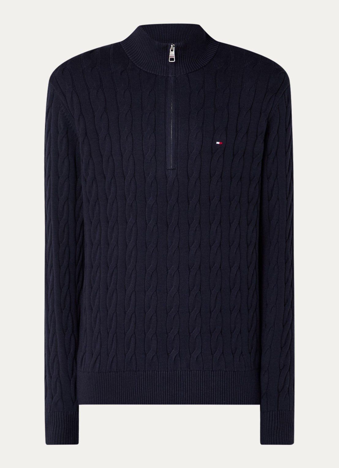 Tommy Hilfiger Kabelgebreide trui met halve rits en logo - voorkant 3 donkerblauw