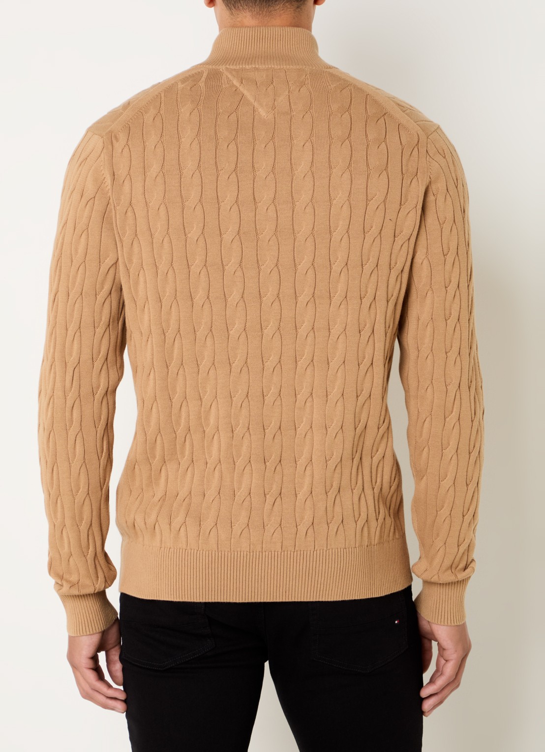 Tommy Hilfiger Kabelgebreide trui met halve rits en logo - achterkant 2 camel