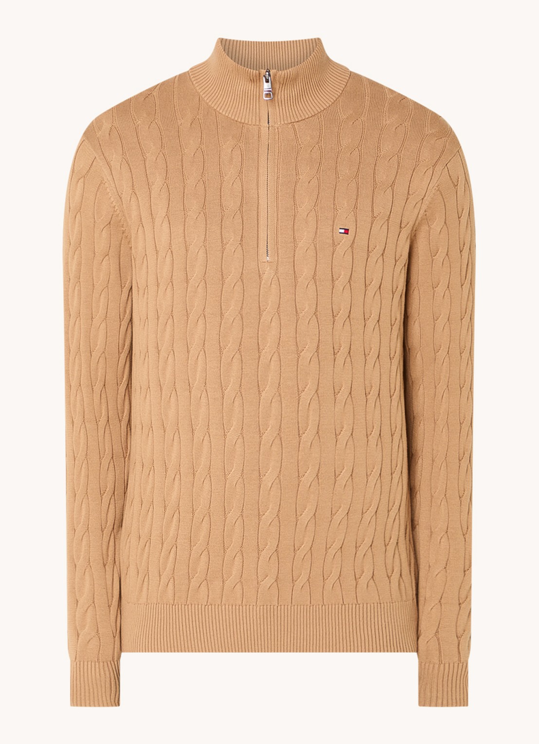 Tommy Hilfiger Kabelgebreide trui met halve rits en logo - voorkant 3 camel