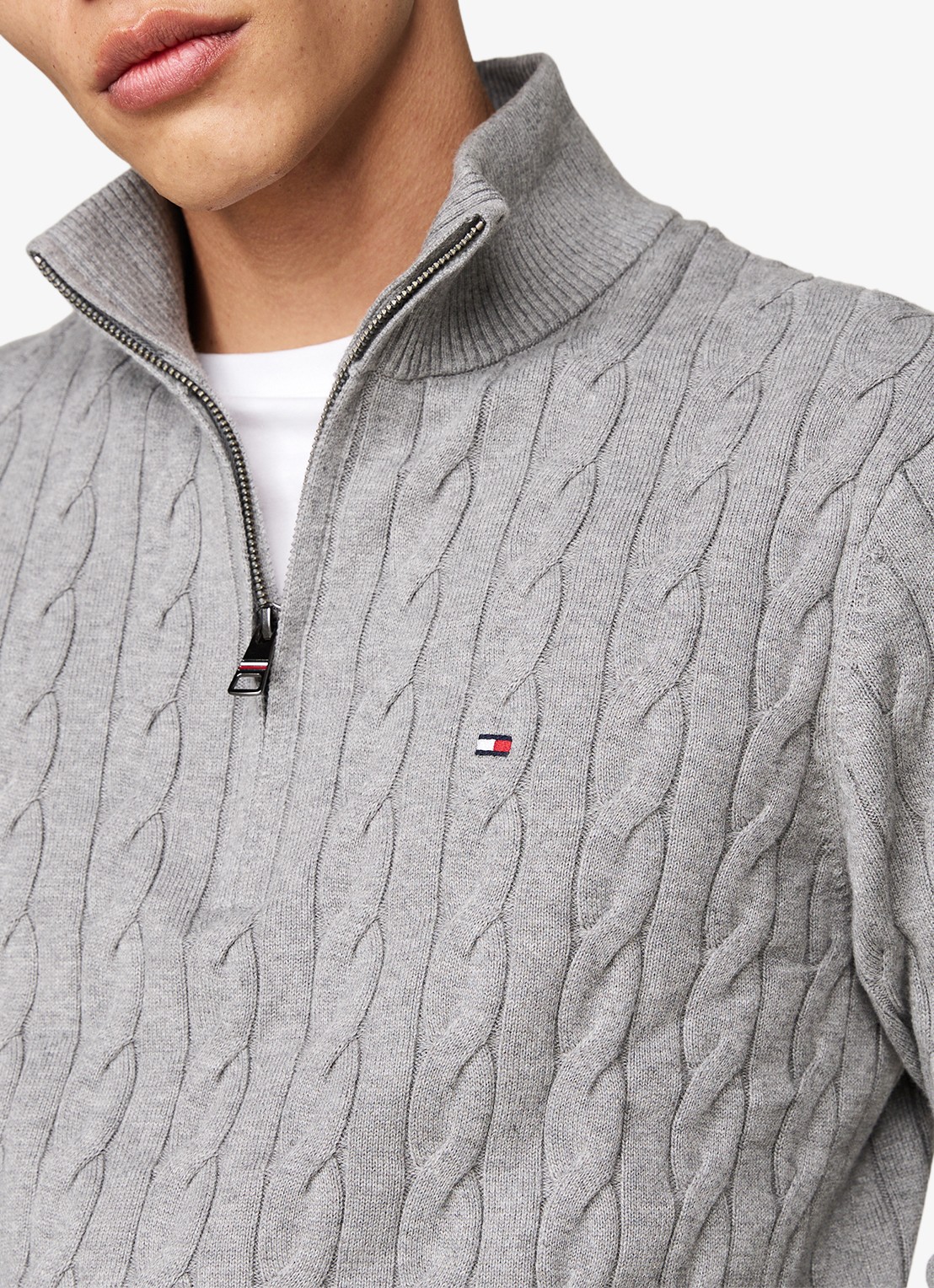 Tommy Hilfiger Kabelgebreide trui met halve rits en logo - detail 2 middengrijs