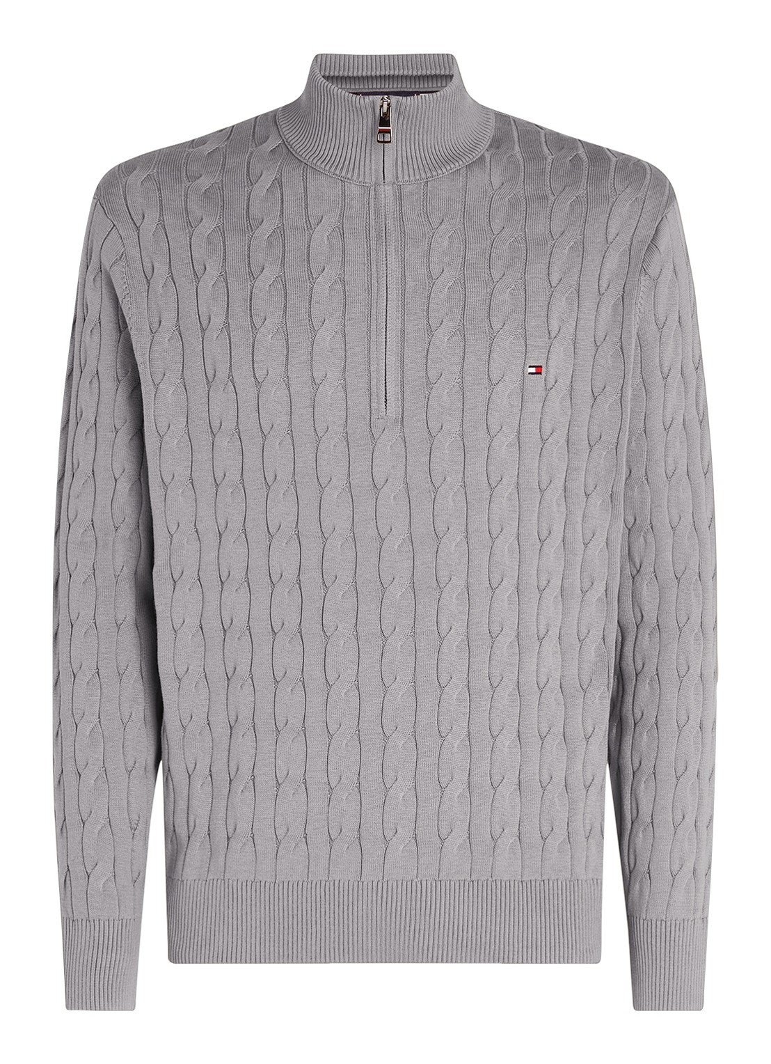 Tommy Hilfiger Kabelgebreide trui met halve rits en logo - voorkant 3 middengrijs