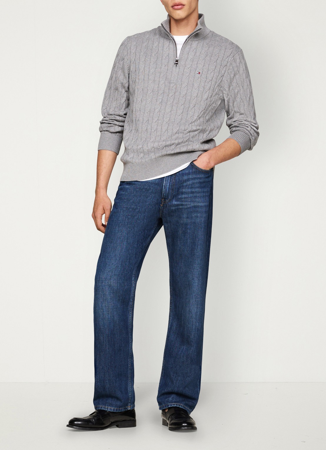 Tommy Hilfiger Kabelgebreide trui met halve rits en logo - voorkant 4 middengrijs